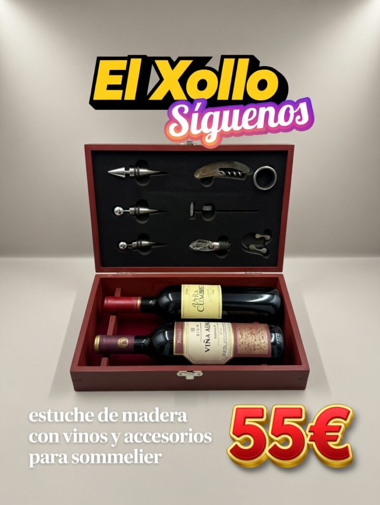 estuche de madera con vinos y accesorios para sommelier